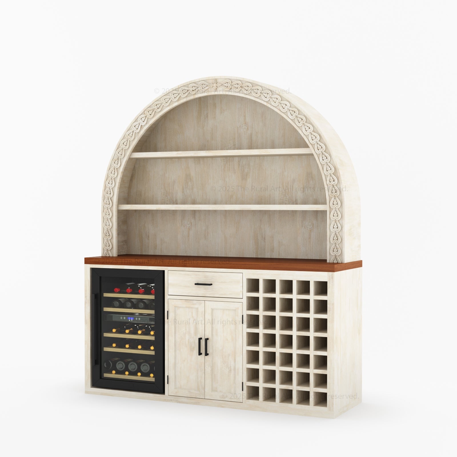 Napa Arched Solid Wood Large Bar Cabinet with Open Shelves and Fridge Space