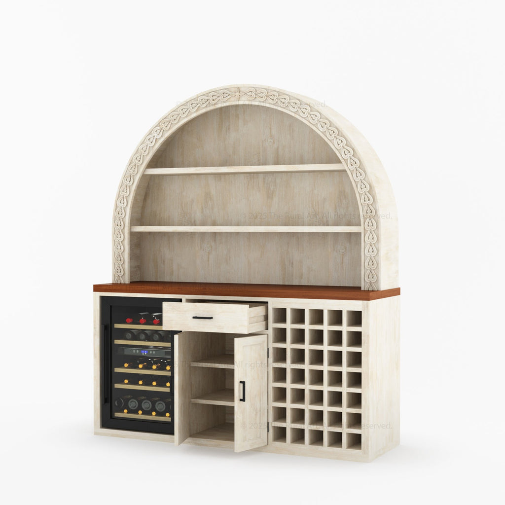 Napa Arched Solid Wood Large Bar Cabinet with Open Shelves and Fridge Space